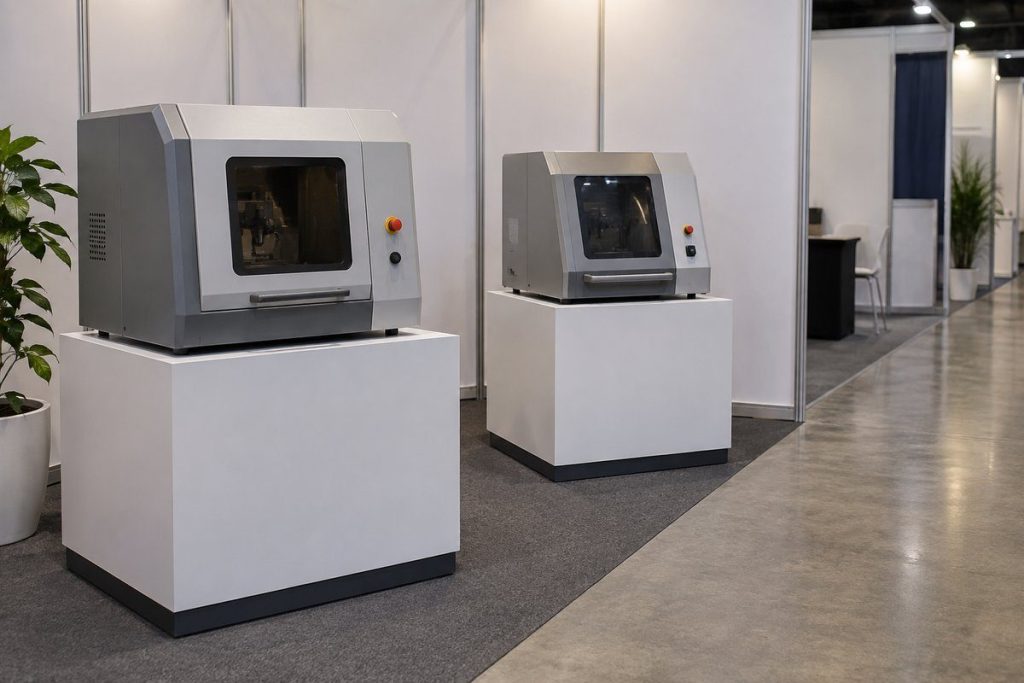 無記名の小型加工設備が並ぶ展示空間の制作イメージ