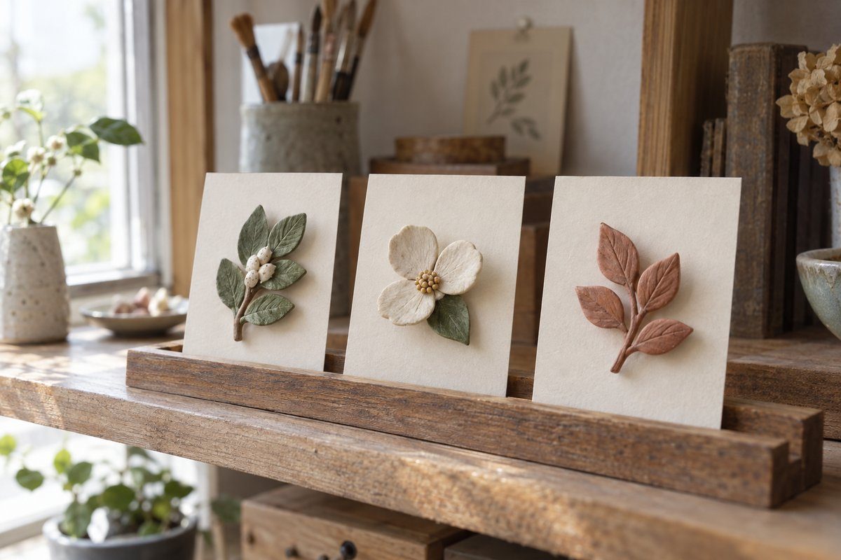 植物をかたどった粘土作品を棚に飾った制作イメージ