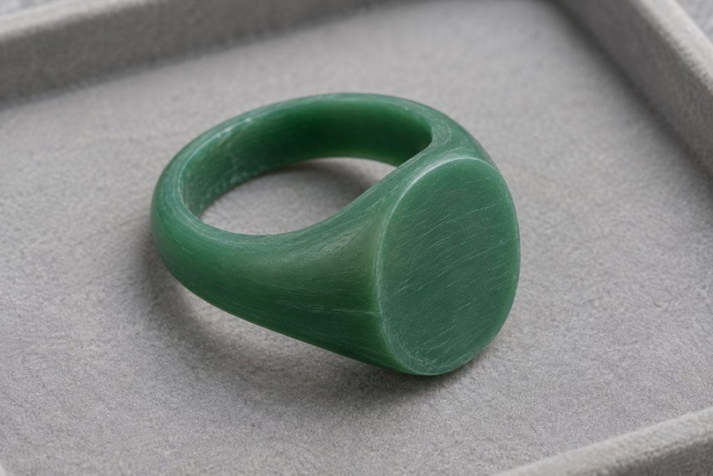緑色のワックスで作った指輪模型の形と表面を示す制作イメージ