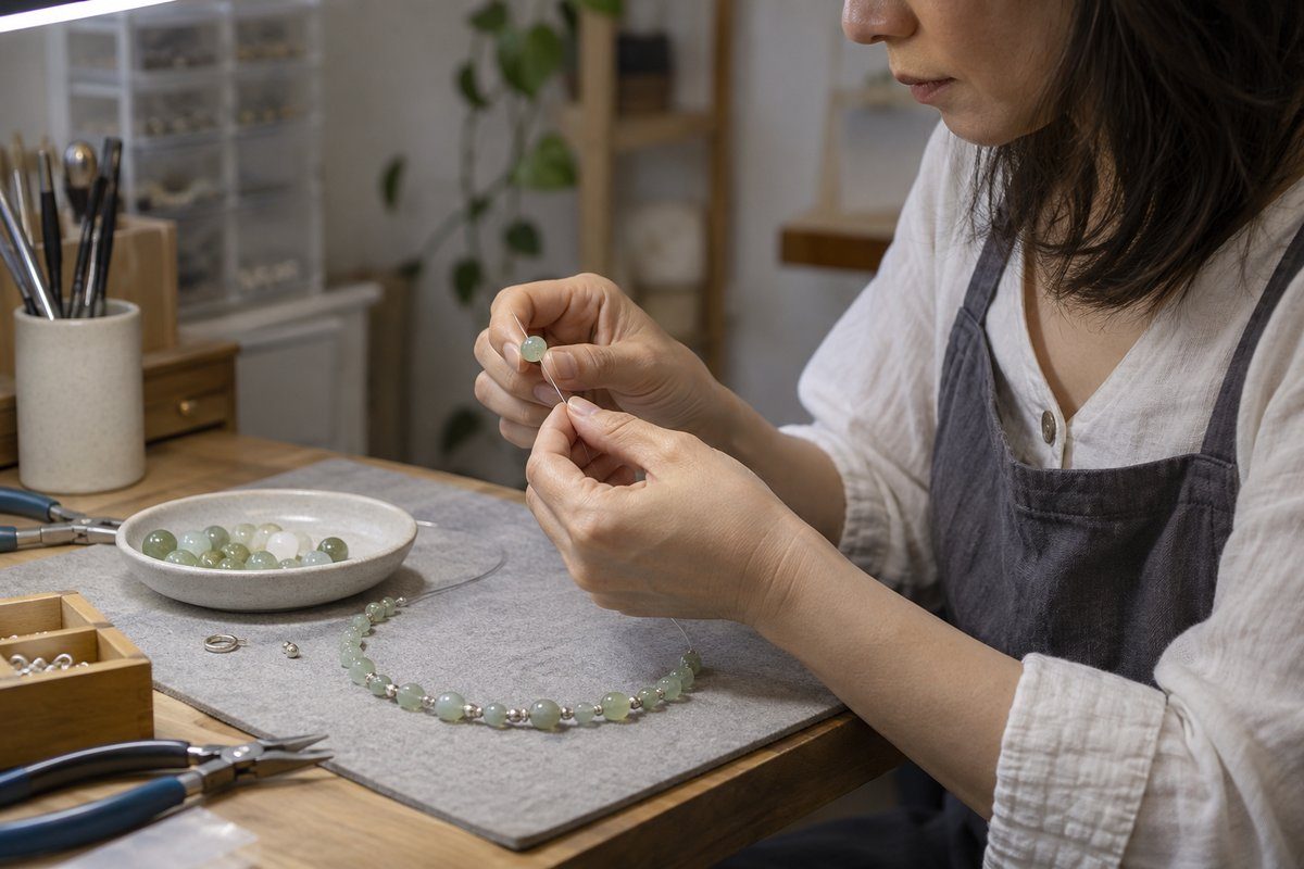 石のビーズをワイヤーに通してネックレスを作る制作イメージ